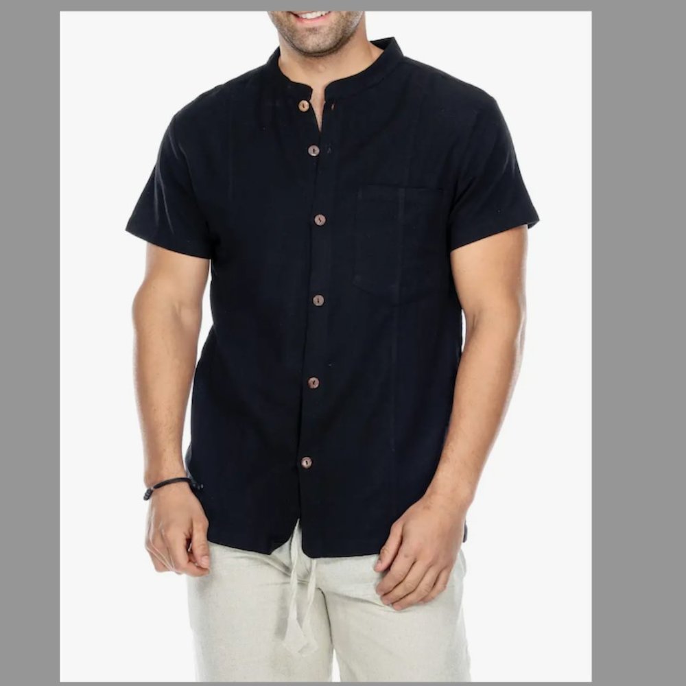 100% Cotton Men's Button Up Kurta Shirt - Black